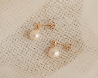 Minimalist Round Pearl Drop Stud Earrings, Peachy Pink Ivory White Freshwater Pearls, Dangly Pearl Studs, Bridesmaid Earrings