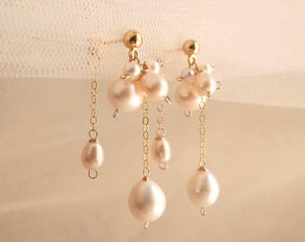 Bud Drop Dangly Wisteria Earrings, Ivory White Freshwater Pearl Studs | Wedding Jewelry, Dainty Bridal Pearl Stud Earrings