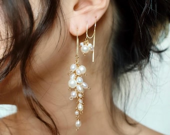 Bridal Pearl Wisteria Earrings Set, Full Bloom Flower Wisteria Earrings, Pearl Cluster Cascading Earrings, 14K GF Threaders, Bridal Set