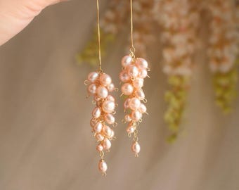 Full Bloom Wisteria Earrings, Champagne Pink Freshwater Pearl Cluster Threader | Bridal Pearl Earrings, Cascading Wedding Earrings