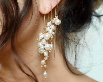 Bridal Pearl Wisteria Earrings Set, Floral Wisteria Earrings, White Freshwater Pearl Cluster Cascading Earrings, 14K GF Threader, Bridal Set