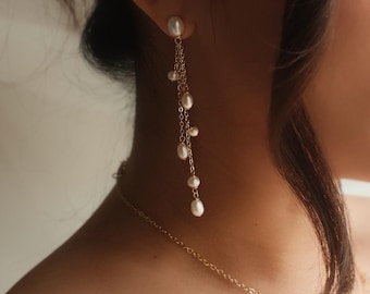 Pendientes largos de perlas en forma de gota de rocío para novias, pendientes de lluvia para bodas, joyería nupcial de ensueño, regalos de joyería nupcial, regalos de joyería para bodas