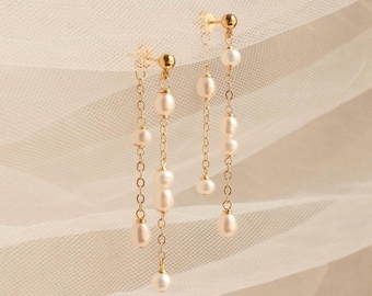 Pendientes de novia cortos con cadena de perlas colgantes / Pendientes de doble cara (delantero y trasero) / Elegantes pendientes asimétricos de perlas de agua dulce / Joyería nupcial