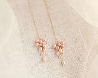 Baby Bloom Wisteria Earrings, Champagne Pink Freshwater Pearl Cluster Threader | Bridal Jewelry, Dainty Cascading Wedding Earrings