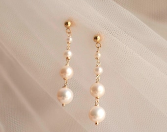 Pendientes cortos modernos de perlas colgantes / Pendientes minimalistas de perlas de agua dulce graduadas V2 / Pendientes colgantes de perlas para novias / Joyería nupcial para novias
