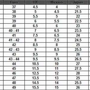May include: A shoe size conversion chart with columns for US, Euro, UK, Mexico, Japan, and Inches. The chart lists sizes from US 5 to 16, with corresponding measurements in other systems, including inches from 9 to 12 5/8.