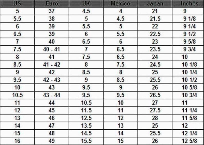 May include: A shoe size conversion chart with columns for US, Euro, UK, Mexico, Japan, and Inches. The chart lists sizes from US 5 to 16, with corresponding measurements in other systems, including inches from 9 to 12 5/8.