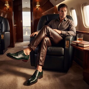 Men's luxury footwear green leather brogues worn in a private jet cabin setting.