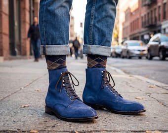 Blue Suede Moc Toe Boots Men Handmade Leather Lace Up Boots
