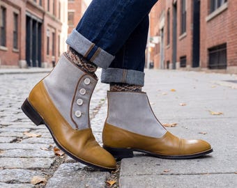 Handmade Men's Victorian Button Boots Suede Leather Spats