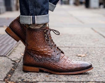 Handmade Brown Leather Boots Men Crocodile Lace Up