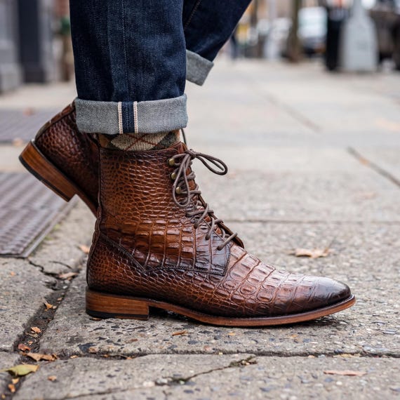 Handmade Brown Leather Boots Men Crocodile Lace Up - Etsy display picture 3