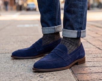 Mocasines de ante azul marino hechos a mano para hombre