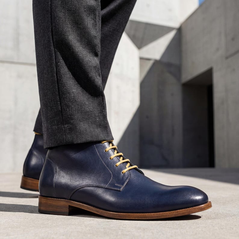 High-angle view of artisan blue leather boots with stacked leather heels on concrete