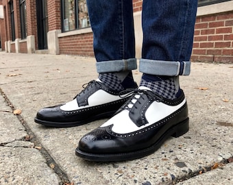 Handmade Leather Spectator Brogue Shoes - Black & White Wingtip derby