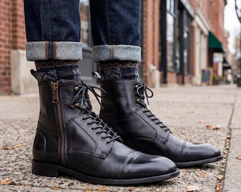 Handmade Black Leather Side Zip Lace Up Men's Dress Boots