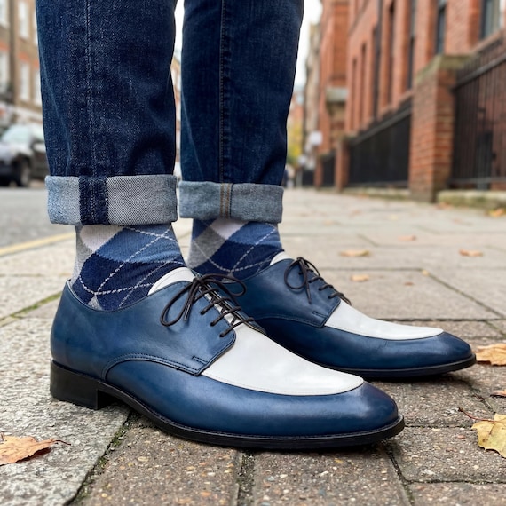 Handmade Blue White Spectator Shoes Men's Leather Derby Handmade Blue White Spectator Shoes Men's Leather Derby