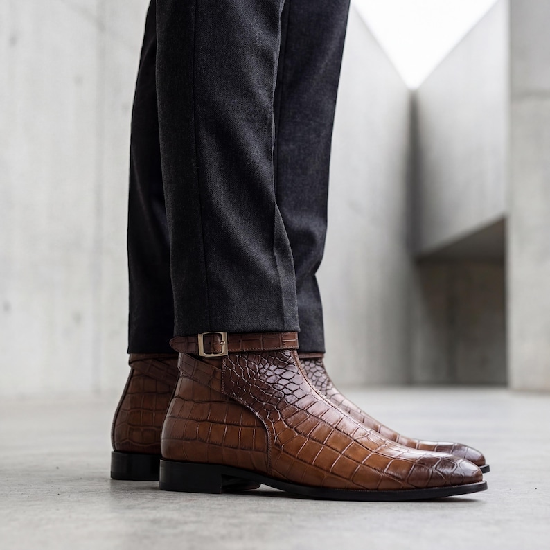 Side view of handmade brown alligator print boots showing the sleek Blake-stitch leather sole.