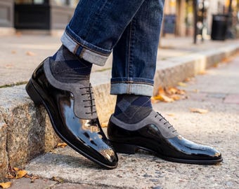 Handmade Black Grey Leather Suede Dress Shoes Men's Brogue Spectator Formal Wedding Footwear Custom