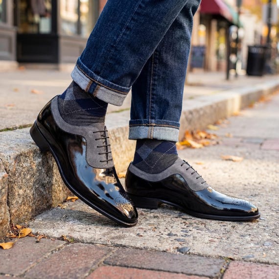 Handmade Black Grey Leather Suede Dress Shoes Men's Brogue Spectator Formal Wedding Footwear Custom Handmade Black Grey Leather Suede Dress Shoes Men's Brogue Spectator Formal Wedding Footwear Custom