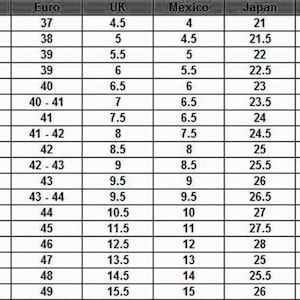 Puede incluir: Una tabla de conversi&oacute;n de tallas de zapatos con columnas para EE. UU., Euro, Reino Unido, M&eacute;xico, Jap&oacute;n y Pulgadas. La tabla muestra las tallas de zapatos correspondientes, desde la talla EE. UU. 5 hasta la 16, con medidas en pulgadas de 9 a 12 5/8 pulgadas (22.86 cm a 32.07 cm).