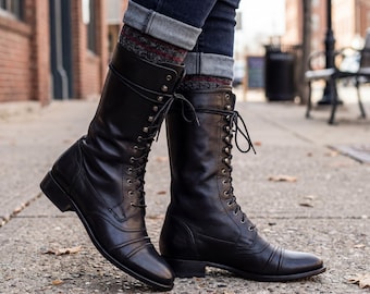 Handmade Black Leather Lace Up Tall Victorian Boots