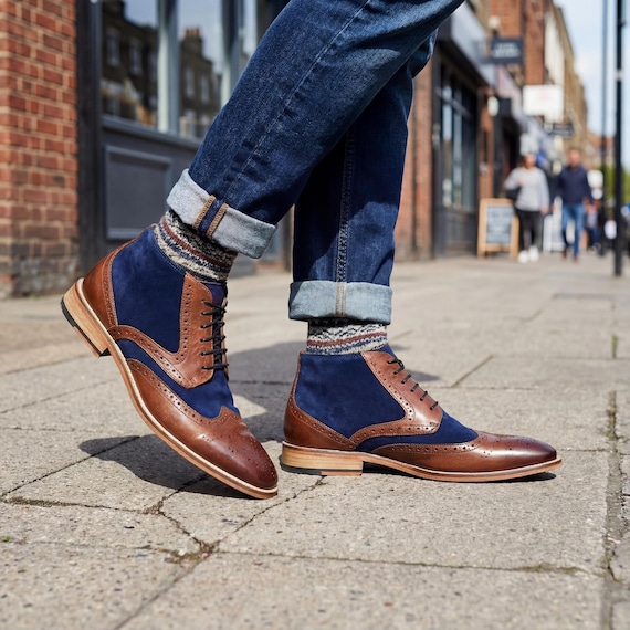 Men Two Tone Brown Leather Navy Suede Wingtip Brogue Boots