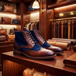 A pair of two-tone brown and navy brogue boots displayed on a dark wood shelf in a high-end menswear boutique.