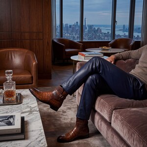 Men's luxury cognac exotic leather ankle boots worn with navy trousers in a luxury penthouse.