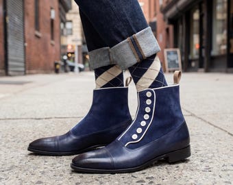 Blue Leather Suede Button Boots Victorian Dandy Shoes