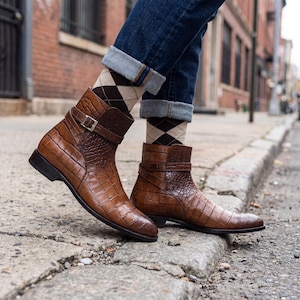 Fashionable man wearing brown crocodile boots and argyle socks on a textured city sidewalk.