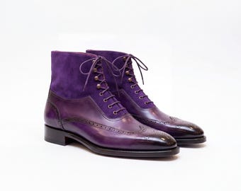 Men’s Purple Suede Wingtip Brogue Shoes – Handmade Leather Dress Shoes Wedding Prom Formal