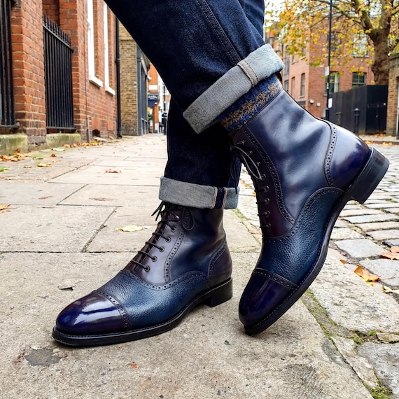 Navy Blue Leather Men Balmoral Boots Handmade Dress Shoes