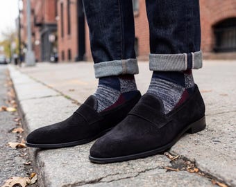 Handmade Men's Black Suede Loafers Penny Slip On Shoes Custom Leather Footwear Dress Casual