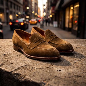 Profile view of brown suede loafers showing the stacked leather heel and burnished sole edges.