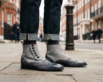 Mens Grey Suede Leather Wingtip Button Boots Vintage Brogue