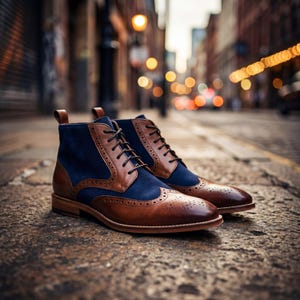 Close-up of intricate brogue detailing on the toe cap of a handmade leather and suede dress boot.