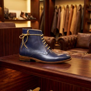 Stylish mens blue boots paired with charcoal grey wool trousers for a modern look.