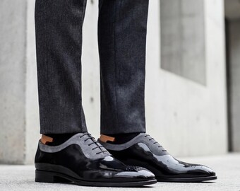 grey dress shoes black pants Formal Gray Shoes Black Pants Grey Blazer Coat Pants Shoes Black Grey Coat Black  Pants Luxe