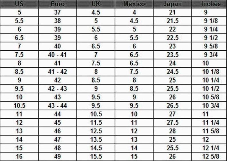 May include: A shoe size conversion chart with columns for US, Euro, UK, Mexico, Japan, and Inches. The chart displays various shoe sizes, starting from US size 5, with corresponding sizes in other measurement systems, up to US size 16.