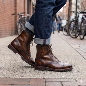Mens Brown Leather Wingtip Boots Handmade Brogue Combat Boots