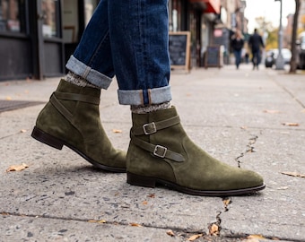 Handgefertigte Olivgrüne Wildleder Doppel Monk Jodhpur Boots