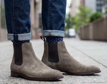Olive Green Suede Chelsea Boots Mens Handmade Leather Shoes