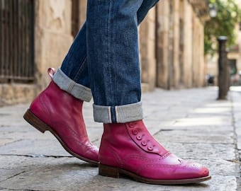Magenta Leather Wingtip Button Boots Victorian Brogue Men