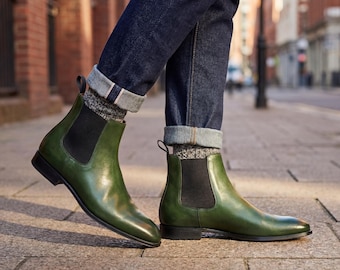 Bottines chelsea en cuir à bout ailé bleues faites main chaussures homme