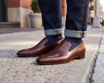 Mocasines venecianos de cuero marrón hechos a mano, zapatos de hombre con suela roja