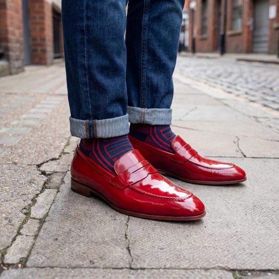 Handmade Cherry Red Men's Leather Penny Loafers Dress Shoes