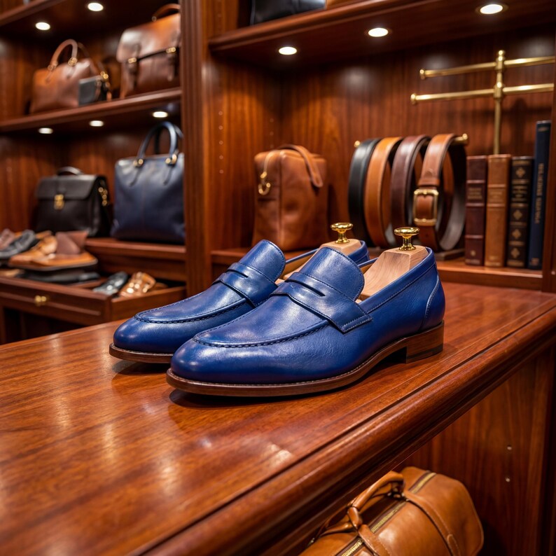 Pair of handmade navy blue patina leather loafers displayed on a dark wood boutique shelf with leather bags.