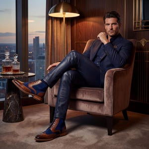 Groom wearing navy suede and brown leather wingtip boots for a modern wedding look with a dark blue suit.