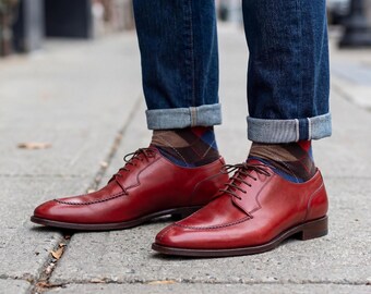 Handmade Cherry Red Leather Dress Shoes Split Toe Derby